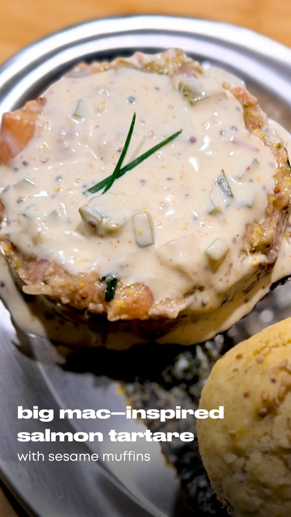 Big Mac–Inspired Salmon Tartare with Sesame Muffins