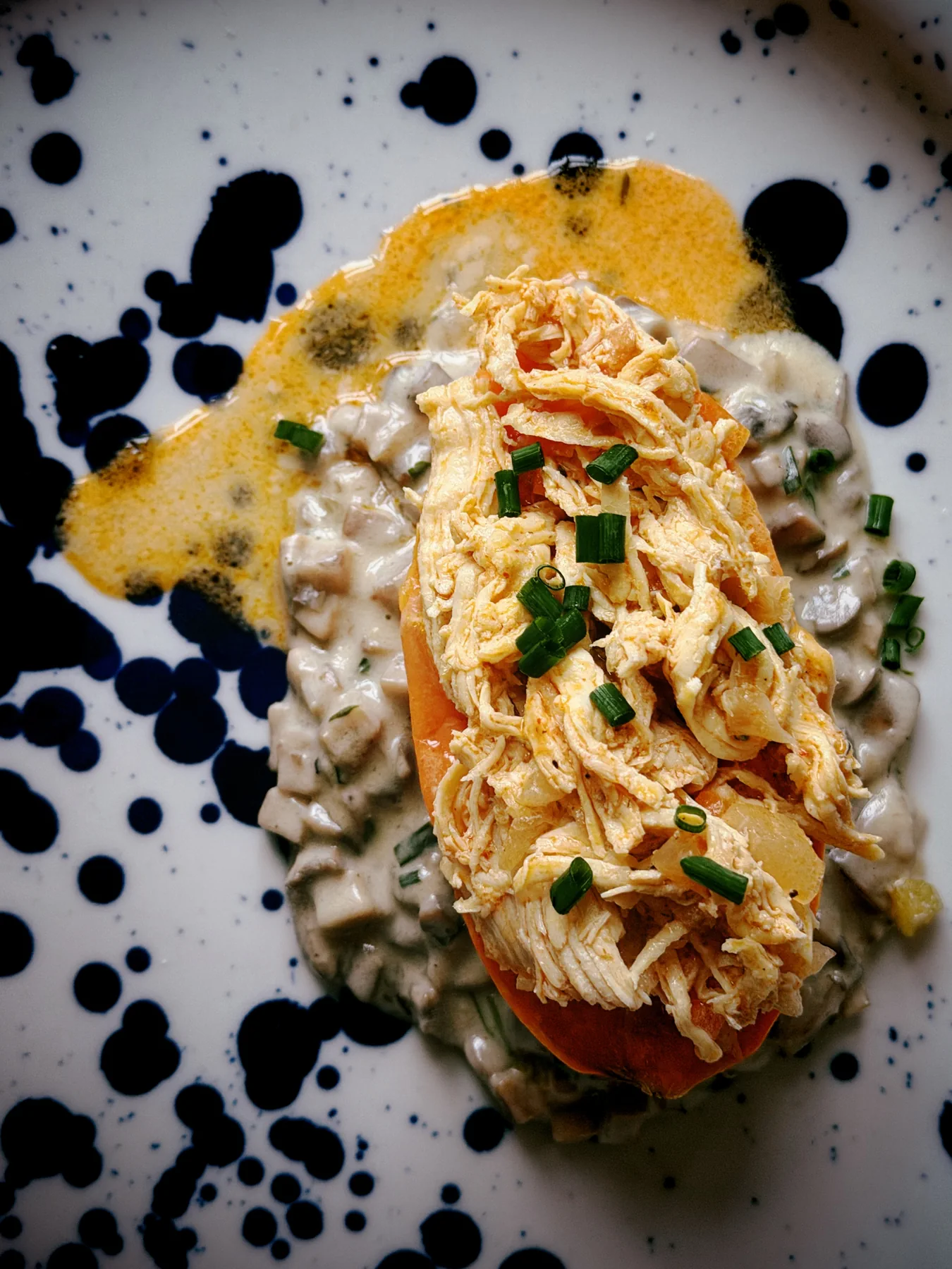 Chicken Ragù with Mushroom Sauce on Sweet Potato