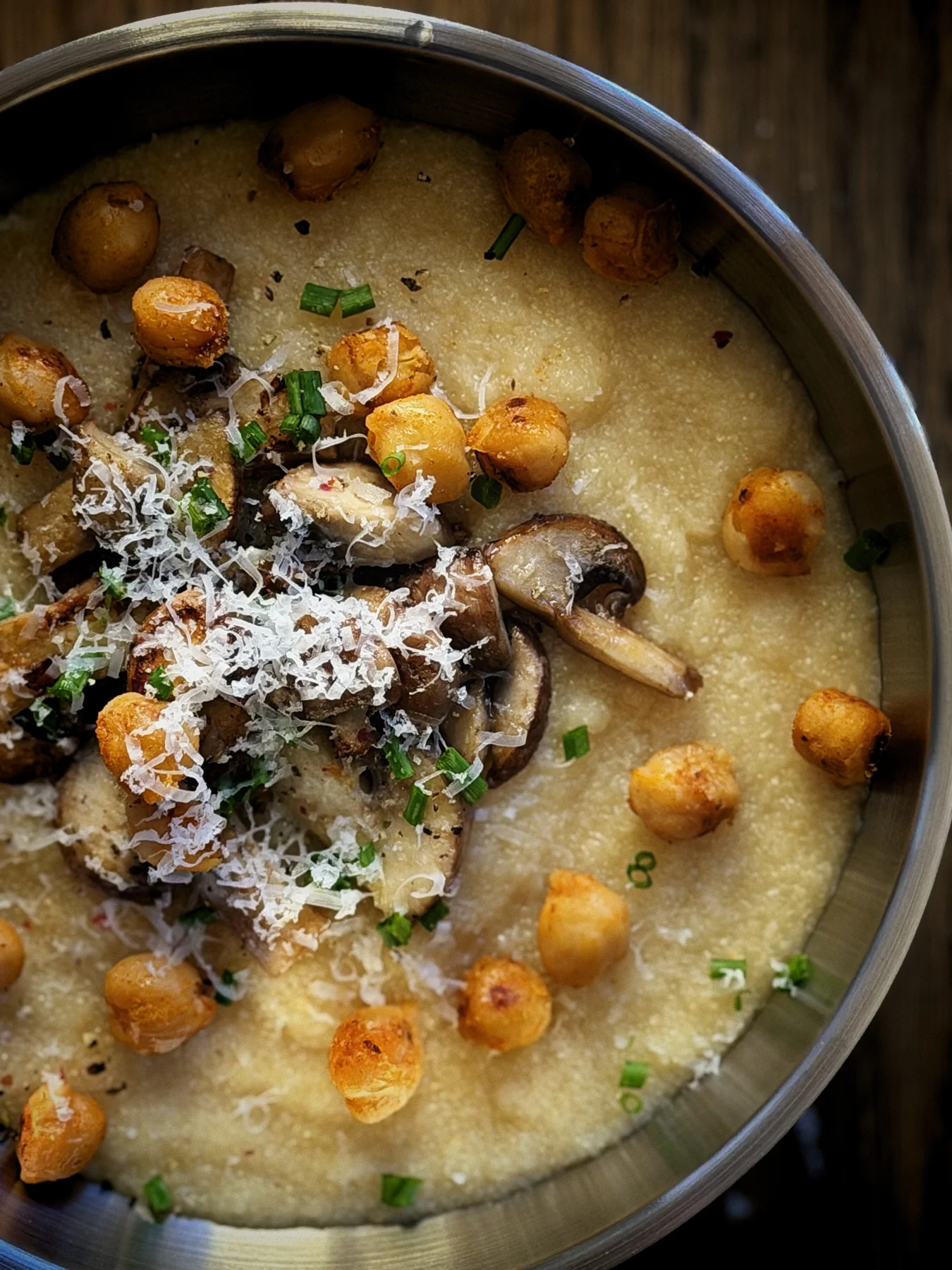 Miso-Broth Semolina with Mushrooms + Crispy Chickpeas