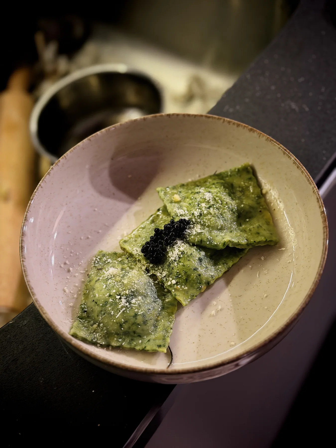 Spinach Ravioli With Ricotta, Brown Butter, and Caviar